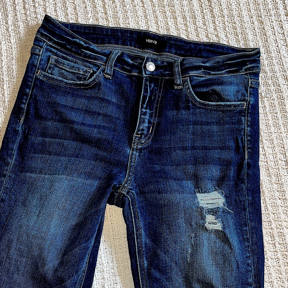 VERVET High Rise Distressed Hem Crop Dark Wash skinny Denim Jeans sz 28